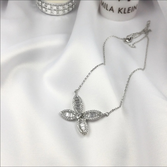 Butterfly Necklace Baguettes and Premium CZ. White Rhodium Plated. - Picture 2 of 4
